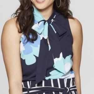 A New Day Floral Print Sleeveless V-Neck Tie Neck Blouse